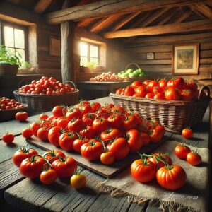 Gran Cosecha De Tomates Sobre Mesa Rústica Campesina