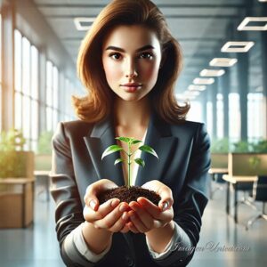 Mujer Oficinista Con Brote De Planta Entre Sus Manos